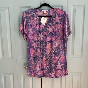 New Aura Womens Button Front Blouse Tunic Top Medium Starfish Seashell Ocean Sea